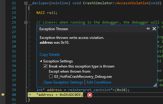 Visual Studio exception handler